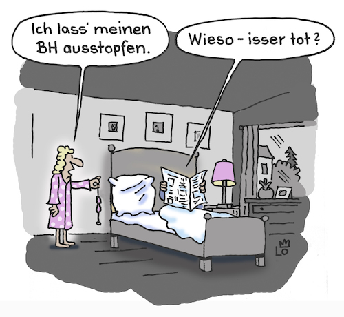 Cartoon: Größere Oberweite (medium) by Lo Graf von Blickensdorf tagged büstenhalter,bh,doppel,mann,frau,ehepaar,schlafzimmer,eheschlafzimmer,busen,brust,trick,cartoon,karikatur,lo,ausstopfen,op,tot,büstenhalter,bh,doppel,mann,frau,ehepaar,schlafzimmer,eheschlafzimmer,busen,brust,trick,cartoon,karikatur,lo,ausstopfen,op,tot