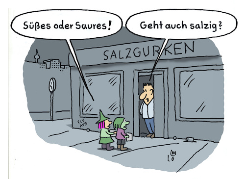 Cartoon: Halloween salzig (medium) by Lo Graf von Blickensdorf tagged halloween,süßes,oder,saures,kinder,salzgurgen,gurken,fachgeschäft,mann,verkäufer,laden,shop,cartoon,lo,graf,karikatur,brauchtum,horror,halloween,süßes,oder,saures,kinder,salzgurgen,gurken,fachgeschäft,mann,verkäufer,laden,shop,cartoon,lo,graf,karikatur,brauchtum,horror