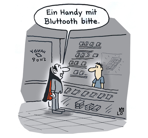 Cartoon: Handykauf (medium) by Lo Graf von Blickensdorf tagged vampir,shop,handy,bluetooth,blut,tanz,der,vampire,blutsauger,horror,transsylvanien,vampir,shop,handy,bluetooth,blut,tanz,der,vampire,blutsauger,horror,transsylvanien