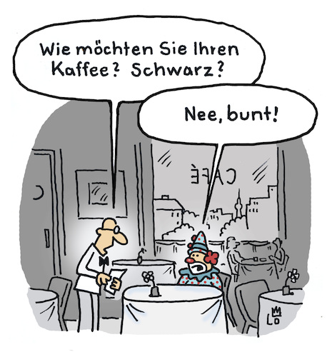 Cartoon: Im Cafe (medium) by Lo Graf von Blickensdorf tagged kaffee,schwarz,mit,milch,cafe,ole,konditorei,kellner,ober,gast,clown,bunt,reklamation,bedienung,kaffee,schwarz,mit,milch,cafe,ole,konditorei,kellner,ober,gast,clown,bunt,reklamation,bedienung