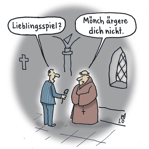 Cartoon: Im Kloster (medium) by Lo Graf von Blickensdorf tagged interview,reporter,mönch,kloster,freizeit,spiel,menschärgeredichnicht,mann,interview,reporter,mönch,kloster,spiel,menschärgeredichnicht,mann