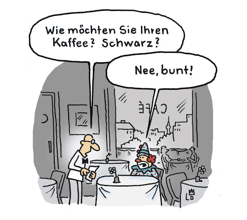 Cartoon: Kaffeezeit (medium) by Lo Graf von Blickensdorf tagged kaffee,schwarz,bunt,cafe,kellner,clown,restaurant,gast,kaffeezeit,kaffee,schwarz,bunt,cafe,kellner,clown,restaurant,gast,kaffeezeit