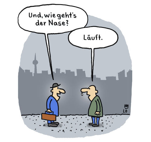 Cartoon: Läuft (medium) by Lo Graf von Blickensdorf tagged erkältung,begegnung,männer,mann,schnupfen,nase,läuft,grippe,virus,karikatur,lo,graf,cartoon,draußen,heuschnupfen,pollenallergie,erkältung,begegnung,männer,mann,schnupfen,nase,läuft,grippe,virus,karikatur,lo,graf,cartoon,draußen,heuschnupfen,pollenallergie