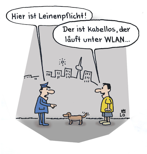 Cartoon: Leinenpflicht (medium) by Lo Graf von Blickensdorf tagged hund,wlan,hundeleine,leinenpflicht,hundehalter,straße,wifi,ordnungsamt,polizei,kabellos,tier,karikatur,lo,cartoon,gassi,gehen,hund,wlan,hundeleine,leinenpflicht,hundehalter,straße,wifi,ordnungsamt,polizei,kabellos,tier,karikatur,lo,cartoon,gassi,gehen