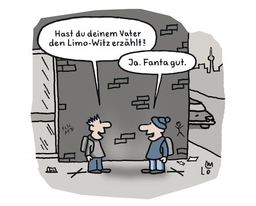 Cartoon: Limo Witz (medium) by Lo Graf von Blickensdorf tagged kinder,limo,schüler,fanta,schulkind,schulweg,vater,witz,erzählen,karikatur,lo,graf,cartoon,wortspiel,kinder,limo,schüler,fanta,schulkind,schulweg,vater,witz,erzählen,karikatur,lo,graf,cartoon,wortspiel