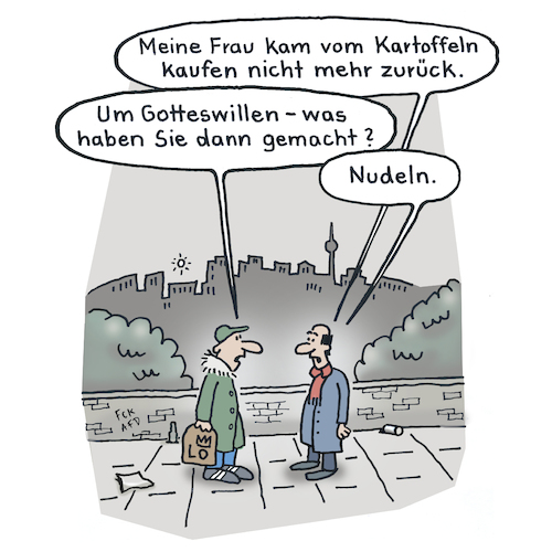 Cartoon: Nudeln (medium) by Lo Graf von Blickensdorf tagged ehefrau,vermisst,ehemann,kartoffeln,berlin,nudeln,straße,nachbar,missverständnis,einkaufen,shopping,heim,karikatur,lo,cartoon,haushalt,küche,ehefrau,vermisst,ehemann,kartoffeln,berlin,nudeln,straße,nachbar,missverständnis,einkaufen,shopping,heim,karikatur,lo,cartoon,haushalt,küche