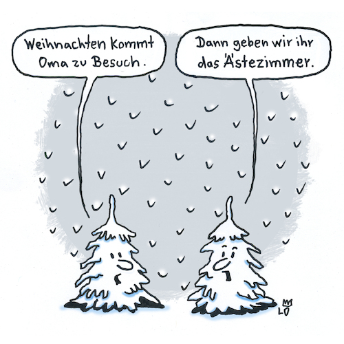 Cartoon: Oma kommt (medium) by Lo Graf von Blickensdorf tagged gästezimmer,oma,großmutter,tannen,weihnachten,schnee,gästezimmer,oma,großmutter,tannen,weihnachten,schnee