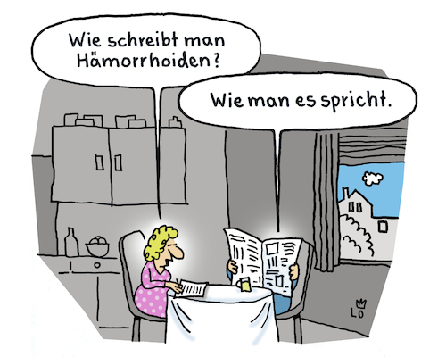 Cartoon: Rechtschreibung (medium) by Lo Graf von Blickensdorf tagged mann,frau,bezorjung,ehepaar,küchentisch,hämorrhoiden,grammatik,karikatur,lo,graf,rechtschreibung,gesellschaft,bildung,mann,frau,bezorjung,ehepaar,küchentisch,hämorrhoiden,grammatik,karikatur,lo,graf,rechtschreibung,gesellschaft,bildung