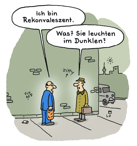 Cartoon: Reha (medium) by Lo Graf von Blickensdorf tagged krankheit,reha,nach,corona,erkrankung,fremdwort,fremdwörter,genesung,covid19,männer,frage,fluoriszierend,leuchten,nachts,im,dunklen,dunkelen,erholung,gesundung,wortspiel,krankheit,reha,nach,corona,erkrankung,covid19,männer,frage,fluoriszierend,leuchten,nachts,im,dunklen,dunkelen,erholung,gesundung,wortspiel