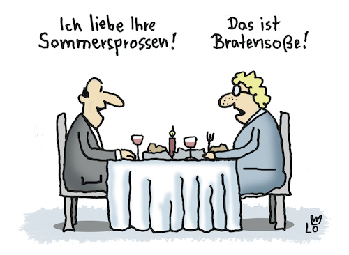 Cartoon: Sommersprossen (medium) by Lo Graf von Blickensdorf tagged bratensoße,candle,haut,light,dinner,sommersprossen,kompliment,abendessen,menü,romantisch,pärchen,date,dating,verliebt,karikatur,lo,graf,cartoon,flirt,epheliden,lentigines,sommerflecken,pigmentablagerungen,melanozyten,melanin,bratensoße,candle,haut,light,dinner,sommersprossen,kompliment,abendessen,menü,romantisch,pärchen,date,dating,verliebt,karikatur,lo,graf,cartoon,sex,flirt,epheliden,lentigines,sommerflecken,pigmentablagerungen,melanozyten,melanin