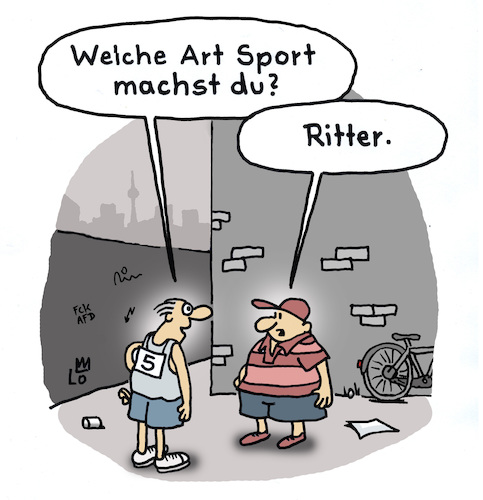 Cartoon: Sportlich (medium) by Lo Graf von Blickensdorf tagged sport,jogger,dick,übergewicht,naschsucht,süßigkeiten,ritter,junge,adipositas,wortspiel,bewegung,diät,sport,jogger,dick,übergewicht,naschsucht,süßigkeiten,ritter,junge,adipositas,wortspiel,bewegung,diät