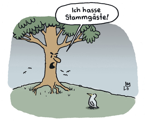 Cartoon: Stammgast (medium) by Lo Graf von Blickensdorf tagged vogel,stammgast,stamm,baumstamm,baum,stammgäste,ast,äste,bäume,hass,gastronomie,natur,gastwirt,wirt,kneipier,kneipe,karikatur,lo,graf,cartoon,landschaft,streit,lokal,restaurant,weinstube,vogel,stammgast,stamm,baumstamm,baum,stammgäste,ast,äste,bäume,hass,gastronomie,natur,gastwirt,wirt,kneipier,kneipe,karikatur,lo,graf,cartoon,landschaft,streit,lokal,restaurant,weinstube