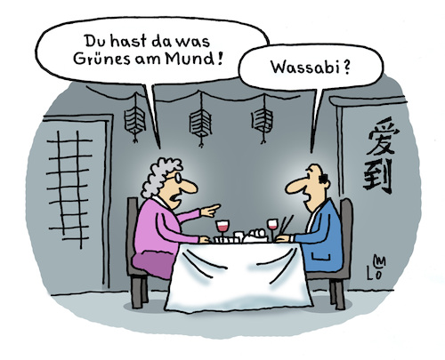Cartoon: Sushi essen (medium) by Lo Graf von Blickensdorf tagged japanisch,sushi,essen,mann,frau,wortspiel,was,hab,ich,wassabi,wasabi,rhizome,karikatur,lo,graf,cartoon,grünes,japanisch,sushi,essen,mann,frau,wortspiel,was,hab,ich,wassabi,wasabi,rhizome,karikatur,lo,graf,cartoon,grünes