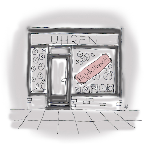 Cartoon: Uhrengeschäft (medium) by Lo Graf von Blickensdorf tagged zeit,uhr,uhrzeit,taschenuhr,armbanduhr,zeitumstellung,karikatur,lo,cartoon,ziffernblatt,schaufenster,werbung,schild,ladenlokal,zeit,uhr,uhrzeit,taschenuhr,armbanduhr,zeitumstellung,karikatur,lo,cartoon,ziffernblatt,schaufenster,werbung,schild,ladenlokal