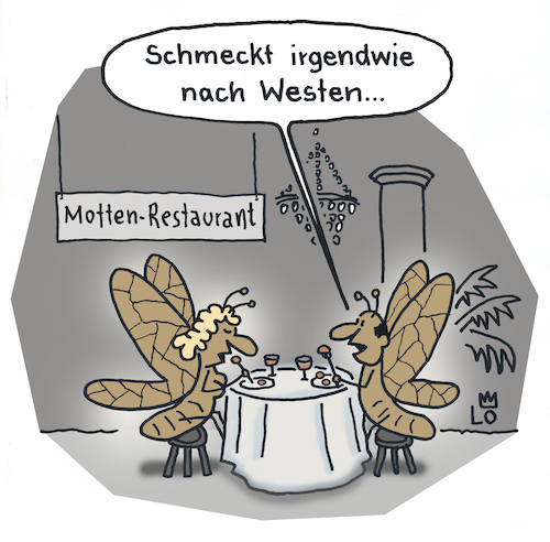 Cartoon: Westen (medium) by Lo Graf von Blickensdorf tagged westen,wiedervereinigung,motten,ost,west,ddr,restaurant,ehepaar,beziehung,mann,frau,schicksalstag,maueröffnung,mauerfall,karikatur,satire,cartoon,lo,westen,wiedervereinigung,motten,ost,west,ddr,restaurant,ehepaar,beziehung,mann,frau,schicksalstag,maueröffnung,mauerfall,karikatur,satire,cartoon,lo