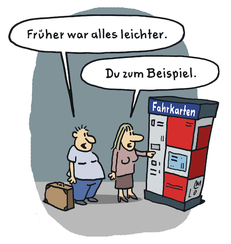 Cartoon: Zugenommen (medium) by Lo Graf von Blickensdorf tagged ehepaar,mann,frau,technik,fahrkartenautomat,deutsche,bahn,karikatur,lo,graf,cartoon,reisende,bahnreise,leichter,ehepaar,mann,frau,technik,fahrkartenautomat,deutsche,bahn,karikatur,lo,graf,cartoon,reisende,bahnreise,leichter