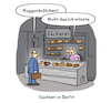 Cartoon: Beim Bäcker (small) by Lo Graf von Blickensdorf tagged mundart,sachsen,sächsischer,dialekt,bäcker,brötchen,schrippen,roggenbrötchen,rock,am,ring,roll,frau,mann,kunde,verkäuferin,hardrock,rocker,cartoon,lo,graf,karikatur