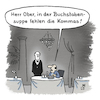 Cartoon: Reklamation (small) by Lo Graf von Blickensdorf tagged restaurant,suppe,herr,ober,gast,buchstabensuppe,kommas,kommata,grammatik,rechtschreibung,mann,cartoon,lo,karikatur,beschwerde,reklamation,teller,tisch,klugscheißer,besserwisser,pedant,essen