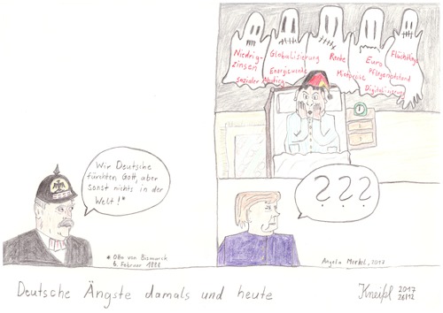 Cartoon: Deutsche Ängste damals und heute (medium) by kneissar tagged politik,geschichte,deutschland,bismarck,merkel,michel,ängste