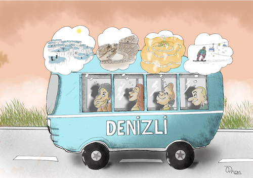 Cartoon: Tourism in Denizli (medium) by Orhan ATES tagged cartoon,tourism,denizli,travel,enjoy,city,history,turkey,travertine,ancient,skiing