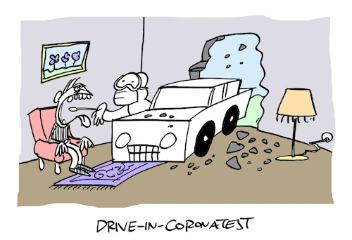Cartoon: Einfuhr (medium) by Bregenwurst tagged coronavirus,pandemie,test,drive,in,wohnzimmer