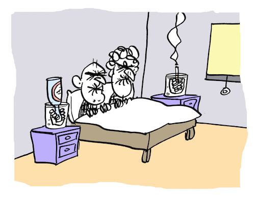 Cartoon: Nocturne (medium) by Bregenwurst tagged ehepaar,gebiss,bett,nacht,rauchen,trinken