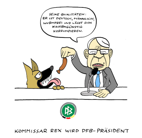 Cartoon: Präsident Rex (medium) by Bregenwurst tagged dfb,präsident,fußball,schäferhund,kommissar,rex,wurst