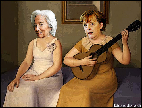 Cartoon: primo maggio (medium) by edoardo baraldi tagged merkel,lagarde