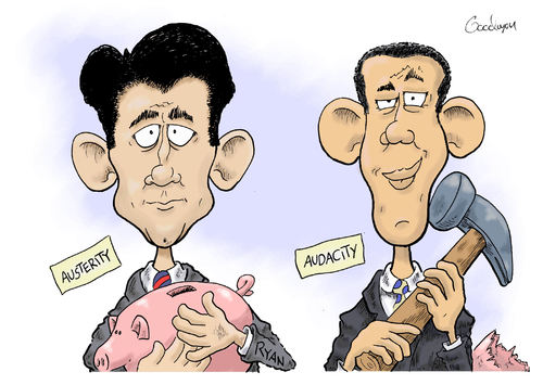 Cartoon: Austerity vs. Audacity (medium) by Goodwyn tagged audacity,austerity,hammer,bank,piggy,obama,barack,ryan,paul