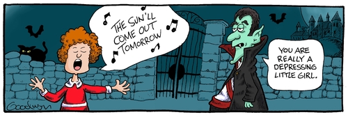 Cartoon: The Sun will Come Out (medium) by Goodwyn tagged bat,cat,castle,vampire,dracula,annie,orphan,little