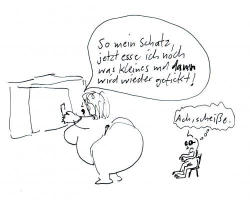 Cartoon: Wo die Liebe reinplatzt (medium) by Der Apfel tagged dicke,frau,kleiner,mann,short,guy,big,woman,abuse