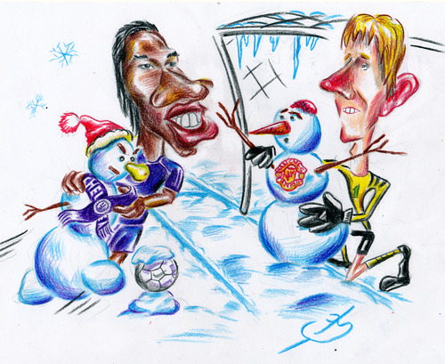 Cartoon: Snowmans penalty (medium) by bebetokaspi tagged didier,drogba,chelsea,van,der,sar,manchester