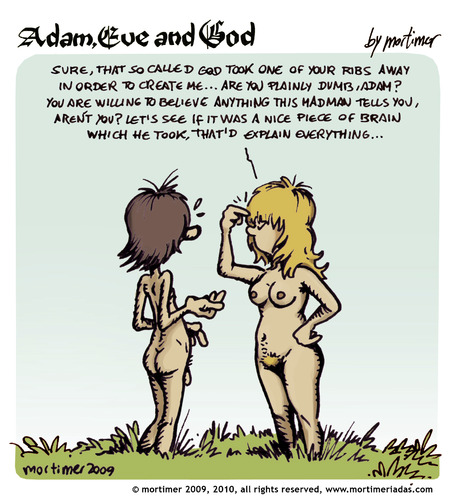 Cartoon: adam eve and god 07 (medium) by mortimer tagged mortimer,mortimeriadas,cartoon,comic,gag,adam,eve,god,bible,paradise,eden,biblical,christian,original,sin,nude,toons,hairy,belly,blonde,illustration,illustrationen,gott,bibel,religion,adam,eva,entstehung,paradies