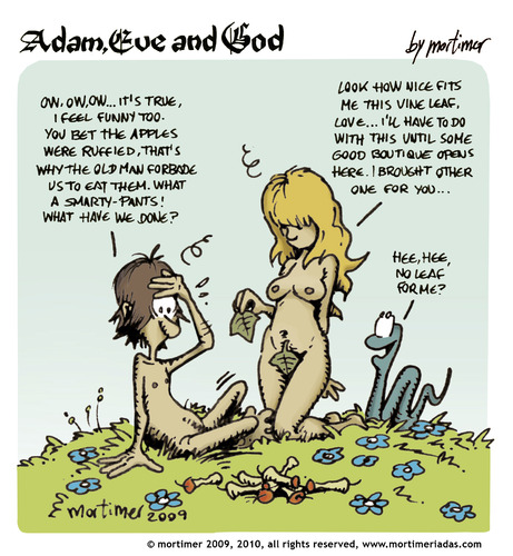 Cartoon: adam eve and god 18 (medium) by mortimer tagged mortimer,mortimeriadas,cartoon,comic,gag,adam,eve,god,bible,paradise,eden,biblical,christian,original,sin,nude,toons,hairy,belly,blonde,snake,apple,illustration,illustrationen,gott,bibel,religion,adam,eva,entstehung,paradies