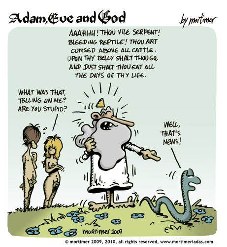 Cartoon: adam eve and god 22 (medium) by mortimer tagged mortimer,mortimeriadas,cartoon,comic,gag,adam,eve,god,bible,paradise,eden,biblical,christian,original,sin,nude,toons,hairy,belly,blonde,illustration,illustrationen,gott,bibel,religion,adam,eva,entstehung,paradies