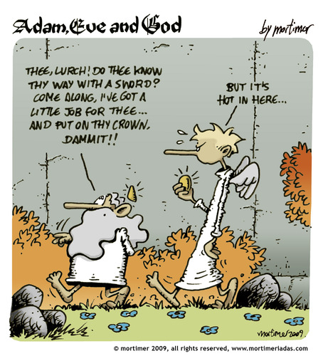 Cartoon: adam eve and god 34 (medium) by mortimer tagged english,adam,eve,god,cartoon,comic,gag,mortimer,mortimeriadas,biblical,christian,original,sin,expulsion,paradise,eden,snake,illustration,adam,eva,religion,entstehung,gott,bibel,comic