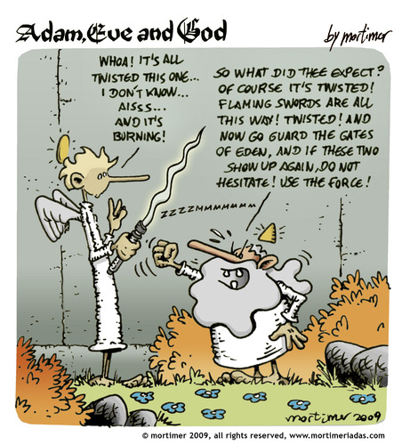 Cartoon: adam eve and god 35 (medium) by mortimer tagged english,adam,eve,god,cartoon,comic,gag,mortimer,mortimeriadas,biblical,christian,original,sin,expulsion,paradise,eden,snake,illustration,adam,eva,religion,entstehung,gott,bibel,comic