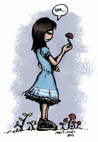 Cartoon: Alice and the Mushrooms (medium) by mortimer tagged alice,wonderland,mushroom,psychodelic,lewis,carroll,mortimer,mortimeriadas,alice im wunderland,alice,märchen,geschichte,kindergeschichte,kinderbuch,literatur,buch,romanfigur,fiktion,unterwelt,pilz,pflanzen,pilze,essen,nahrung,ernährung,giftig,giftpilz,fliegenpilz,natur,fantasie,mädchen,frau,wald,gefahr,psychedelisch,trance,rausch,drogen,abhängigkeit,sucht,im,wunderland