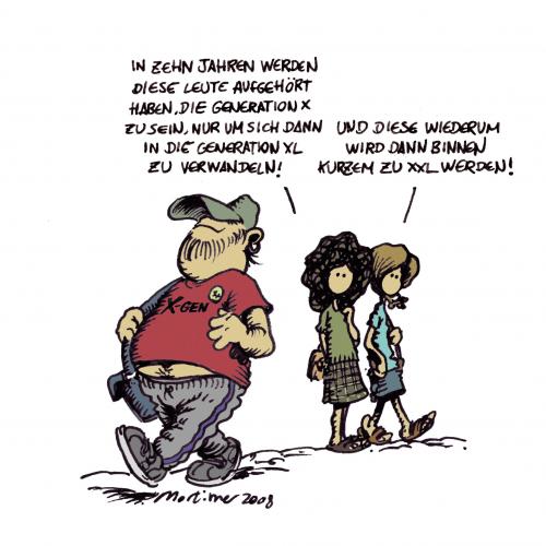 Cartoon: Generation X (medium) by mortimer tagged mortimer,mortimeriadas,cartoon,generation,generation x,generationen,xxl,xl,größe,maße,gewicht,übergewicht,kleidung,mode,fashion,klamotten,anziehsachen,60er,70er,kultur,szene,generation