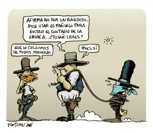 Cartoon: Gripe A Westernadas (medium) by mortimer tagged mortimer,mortimeriadas,cartoon,comic,chiste,humor,vaqueros,cowboys,western,desierto,atraco,colgar,ahorcado,gripe,atracador,revolver