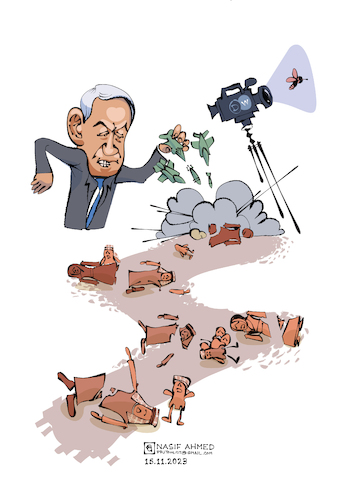 Cartoon: Gaza attack and DW news (medium) by Nasif Ahmed tagged europiannewsmedia,dw,asiannewsmedia,internet,multimedia,press,tvbroadcasting,literature,education,society,traditions,lifestyle,ameenofclaymen,cheezchain,comic,cartoon,cleansing,settler,israel