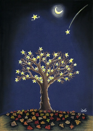 Cartoon: Autumn Night (medium) by menekse cam tagged autumn,night,tree,fallen,leafs,stars,moon,solidarity,agac,sonbahar,gece,yapraklar,yildiz