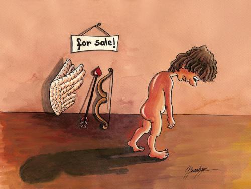 Cartoon: for sale! (medium) by menekse cam tagged love,eros,sale,wing,arrow,spring,crisis
