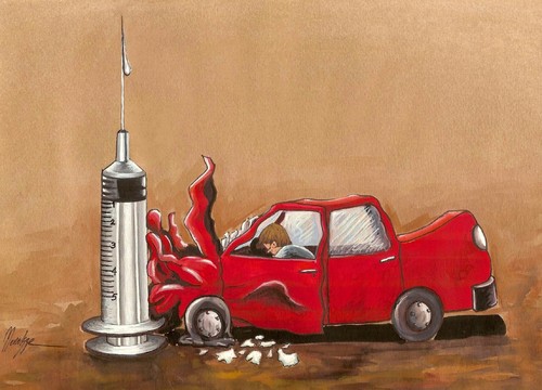 Cartoon: Narcotic (medium) by menekse cam tagged accident,crash,car,syringe,death,terrible,drugs,narcotic