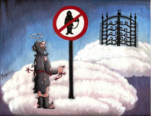 Cartoon: Terrorist (medium) by menekse cam tagged terrorist,terror,suicide,bomber,heaven,hell,death,traffic,sign