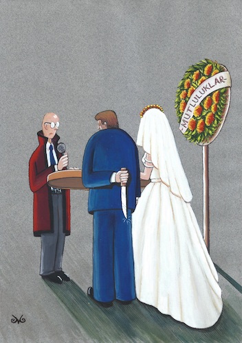 Cartoon: Violence (medium) by menekse cam tagged violence,woman,stop,man,wedding,bride,groom,knife,clerk,violence,woman,stop,man,wedding,bride,groom,knife,clerk