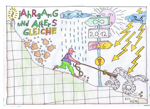 Cartoon: jAhRgang und alterSgleiCHe (medium) by skätch-up tagged ewigkeit,zukunft,gegenwart,vergangenheit,berg,geröll,hitze,sturm,sack,alter,1956,altersgleiche,und,jahrgang,millimeterpapier