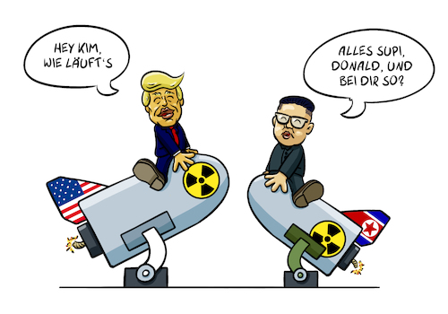 Cartoon: Donald und Kim (medium) by Sven Raschke tagged donald,trump,kim,jong,un,krieg,usa,nordkorea,diplomatie,donald,trump,kim,jong,un,krieg,usa,nordkorea,diplomatie