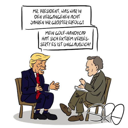 Cartoon: Trumps größter Erfolg (medium) by Sven Raschke tagged trump,politik,erfolg,usa,angeber,interview,journalismus,presse,trump,politik,erfolg,usa,angeber,interview,journalismus,presse,golf,handycap,ende,wahlperiode