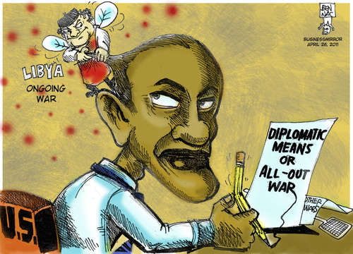 Cartoon: Obama-Khadaffi (medium) by bennaccartoons tagged libya,obama,khadaffi